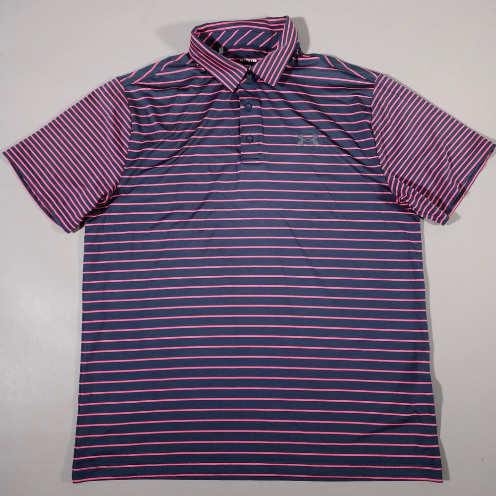 Under Armour Playoff Polo Mens XL Navy Pink Striped Short Sleeve‎ Golf Shirt